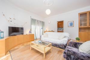 un salon avec un canapé et une télévision dans l'établissement Av. 1º de Maio, à Costa da Caparica