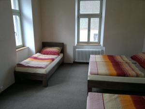 two beds in a small room with two windows at Hotel Beránek in Blatná