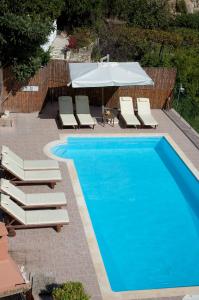 a pool with lounge chairs and an umbrella at Akis Apartments in Paleokastritsa