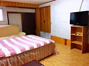 sypialnia z łóżkiem i telewizorem w obiekcie Ibusiki Chinese Minshuku w mieście Ibusuki