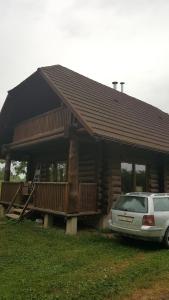 un'auto parcheggiata di fronte a una baita di tronchi di Nature a Ērgļi