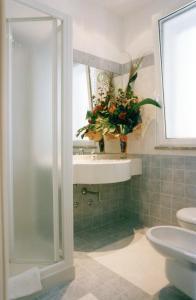 a bathroom with a shower and a sink and a toilet at Hotel Cosmopolita in Rimini