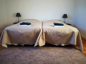 ein Schlafzimmer mit zwei Betten und Kissen darauf in der Unterkunft Vildmarks Lodge in Ytterhogdal