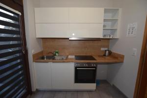 Elle comprend une petite cuisine avec des placards blancs et un évier. dans l'établissement Apartment Bad Canstatt, à Stuttgart