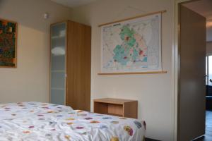 1 dormitorio con 1 cama y un mapa en la pared en Appartement Derde Zandwijkje, en Hollandscheveld
