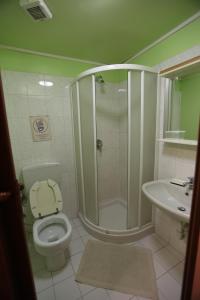 uma casa de banho com um chuveiro, um WC e um lavatório. em Hotel Vinzaglio em Turim