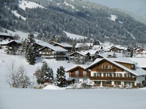 a ski lodge in the snow in a mountain at Landhaus Berktold in Obermaiselstein