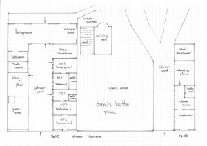 a black and white drawing of a floor plan at Oma's Hutte in Cărpiniş