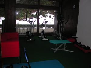 - une salle de sport avec plusieurs vélos d'exercice et une fenêtre dans l'établissement 1Z. FeWo 231 barbo Schwimmbad-Sauna-Fitness, à Schönwald