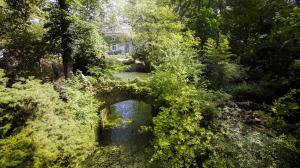 un ponte su un corpo idrico con alberi di Les Gîtes Ecosphère a Genappe