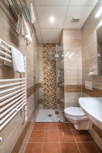 łazienka z prysznicem, toaletą i umywalką w obiekcie Hotel Spa Hévíz w Hévízie