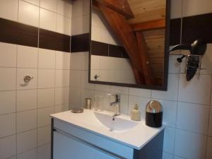 a bathroom with a sink and a mirror at Le Rocher des Ducs, Appartement & Chambres, abris voitures et motos in Le Glaizil +45 photos