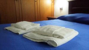 フォルミアにあるGuesthouse Holiday Formia beachの- 白いタオル2枚(青いベッドの上に座る)