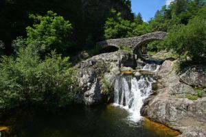 a stone bridge over a river with a waterfall at Camping La Charderie in Pont-de-Labeaume