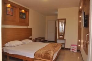 a bedroom with a large bed and a mirror at Drizzle Drop Inn in Ooty