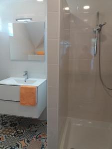 uma casa de banho com um lavatório e um chuveiro em APARTMA BREMEC-STUDIO em Bohinj