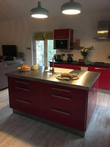 a kitchen with red cabinets and a counter with food on it at Woodstock Courtyard in Inistioge