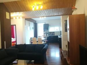 a living room with a couch and a kitchen at Apartman Maximilian in Bratislava