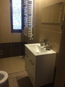 a bathroom with a white sink and a toilet at Apartament Pod Skarpą z balią Wieżyca in Szymbark +36 photos
