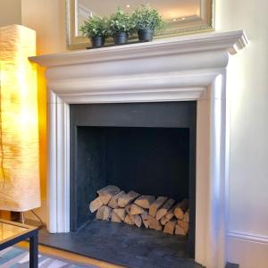a fireplace filled with logs with two plants on top at Buckingham Palace View Apartment in London