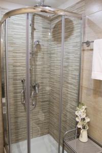 La salle de bains est pourvue d'une douche avec une porte en verre. dans l'établissement Da Polly a Piazza Amedeo, à Naples