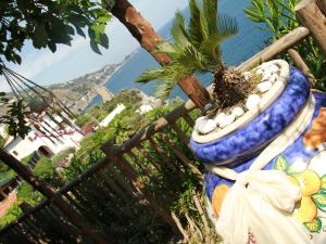 a planter with a palm tree in it on a fence at Hotel Costa Diva in Praiano