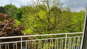 einen Balkon mit einem weißen Zaun und Bäumen in der Unterkunft Ferienwohnung Contrescarpe City in Bremen