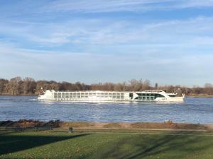 a large boat in the water on a river at Rheinblick Sommershof in Cologne