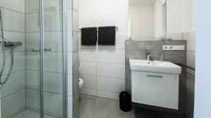 a bathroom with a shower and a sink and a toilet at SEPPS IN in Billingsdorf