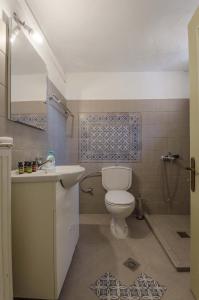 uma casa de banho com um WC, um lavatório e um chuveiro em Ev Zin Mouria em Leonidio