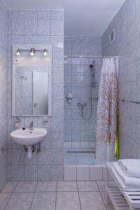 a bathroom with a shower and a sink and a mirror at Ecoappart-Haz in Mosonmagyaróvár