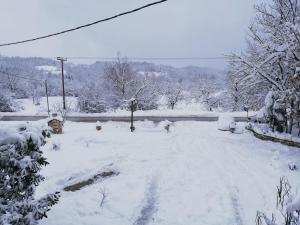 a snow covered street with a lot of snow at Andromeda Hotel Limni Plastira in Koutsodímos