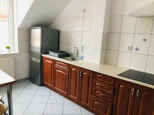 a kitchen with a sink and a refrigerator at Apartamenty Kilińskiego in Ustka