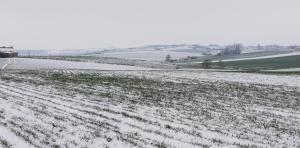 un campo cubierto de nieve con un granero en el fondo en Guesthouse Kolibriehuys, en Nieuwkerke