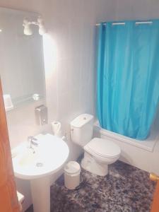 a bathroom with a toilet and a sink and a blue shower curtain at Hotel Sonia Chipude in El Cercado