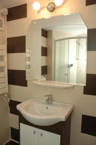 ein Bad mit einem Waschbecken und einem Spiegel in der Unterkunft Hotel Dambovita in Târgovişte