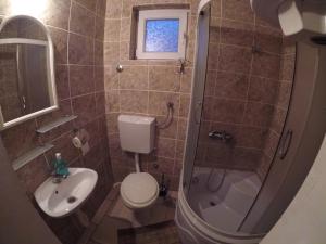 een badkamer met een toilet, een douche en een wastafel bij Hostel Respect in Pančevo