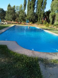 a large blue swimming pool with a person in it at Camping las islas in Panimávida
