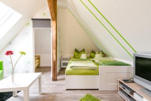 Schlafzimmer mit einem Bett mit grüner Bettwäsche und einem TV in der Unterkunft Ferienwohnung Alexandra in Heilbad Heiligenstadt