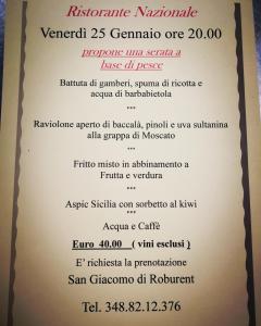 a picture of the menu for the ristorante marmite at Albergo Nazionale in San Giacomo