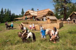 a group of children playing with ponies in front of a house at Ludlalm am Prebersee in Tamsweg