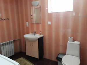 La salle de bains est pourvue de toilettes blanches et d'un lavabo. dans l'établissement Яблуневий сад, à Yablunytsya