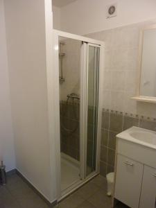 y baño con ducha y lavamanos. en Gîte du Tilleul, en Vienne