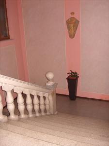 切塞納的住宿－RESIDENZA LEON D'ORO，粉红色房间中的一个楼梯,有盆栽植物