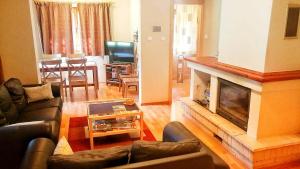 a living room with a couch and a fireplace at Chata Tatry in Tatranska Strba