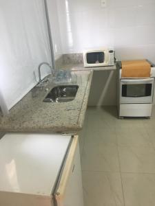 una pequeña cocina con fregadero y microondas en Espaço Smidt en Santa Branca