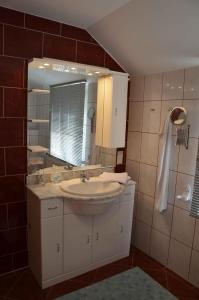 a bathroom with a sink and a mirror at Ferienhaus Spreewiese in Schlepzig