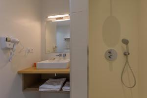 a bathroom with a shower and a sink and a mirror at Casa Mir in Saint-Lary-Soulan +7 photos