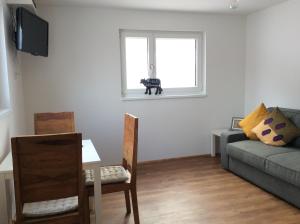 a living room with a couch and a dog sitting in a window at Ferienwohnung Sauer in Blaichach