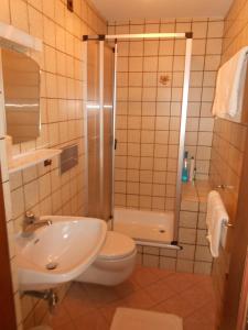 a bathroom with a sink and a toilet and a shower at Haus Moni in Mauterndorf